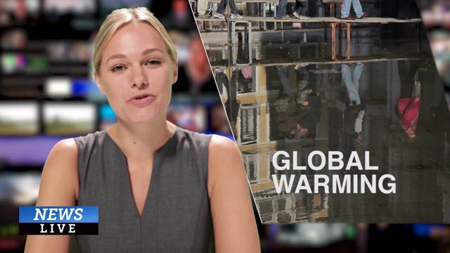 女新闻主持人正在阅读关于全球变暖的晚间新闻视频素材