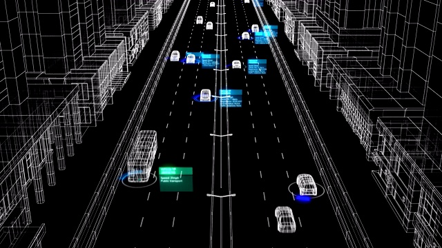 城市街道无缝识别监控抽象系统工作过程演示。循环三维动画的控制系统分析汽车和司机在道路上视频下载
