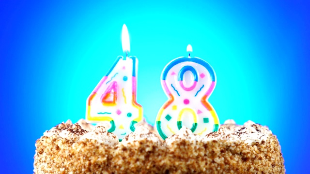 生日蛋糕和燃烧的生日蜡烛。48号。背景的颜色变化视频素材