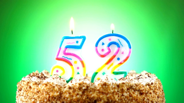 生日蛋糕和燃烧的生日蜡烛。52号。背景的颜色变化视频素材