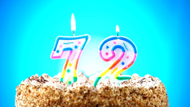 生日蛋糕和燃烧的生日蜡烛。72号。背景的颜色变化视频素材