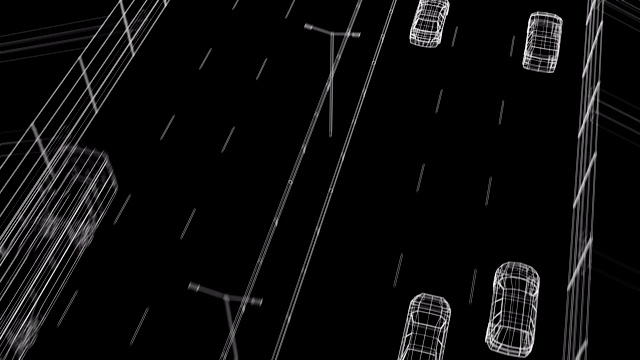 美丽的循环三维动画数字汽车驾驶在抽象的高速公路黑色背景。无缝数字动画蓝图。交通技术的概念。视频下载