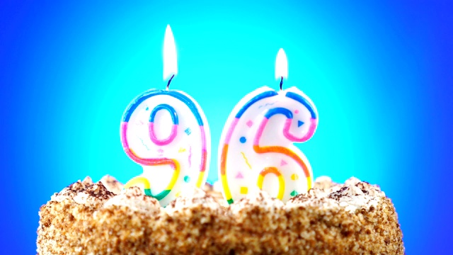 生日蛋糕和燃烧的生日蜡烛。96号。背景的颜色变化视频素材