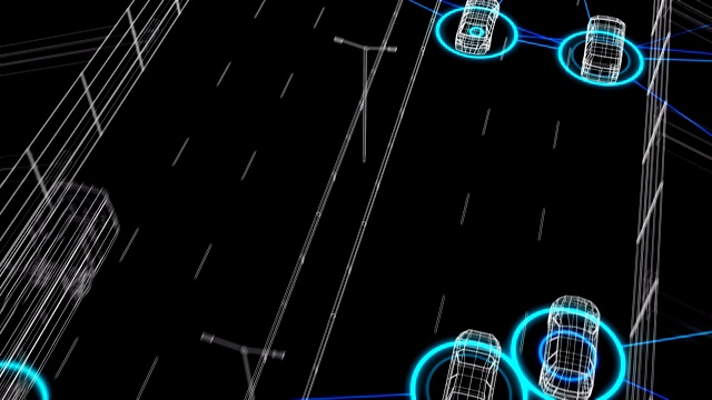 交通公路自动控制系统在数字网络中无缝连接所有汽车。未来监控系统人工智能的循环3d动画。视频下载