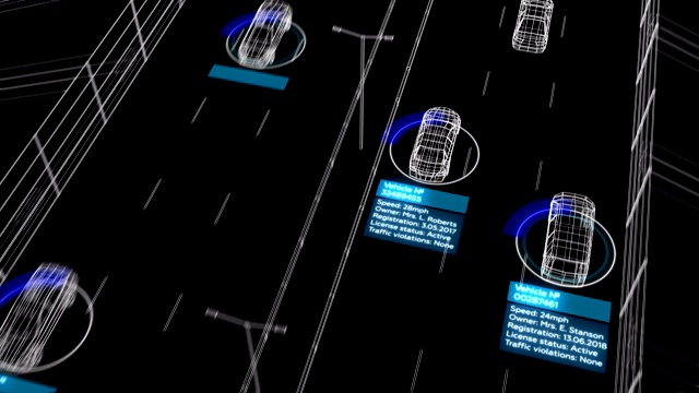 高速公路无缝线路识别监控抽象系统工作过程演示。循环三维动画未来的控制系统分析汽车和司机在道路上视频下载