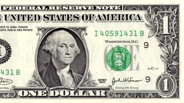 动画放大特写的乔治华盛顿扮鬼脸和显示舌头上的一美元钞票。视频下载