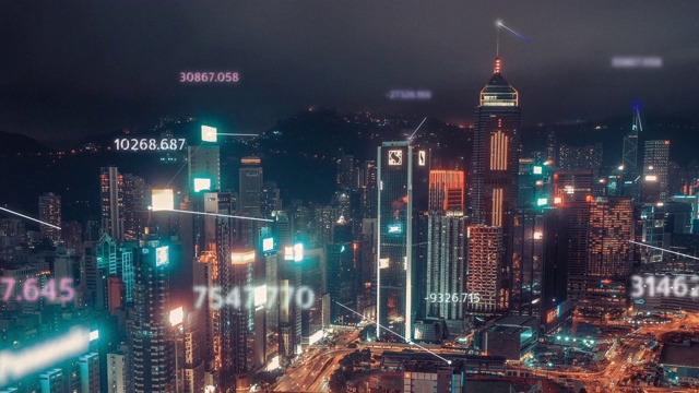 4k分辨率香港鸟瞰图，数据网络连接技术概念。智慧城市概念、通信网络、物联网概念视频素材