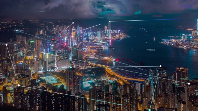4k分辨率香港鸟瞰图，数据网络连接技术概念。智慧城市概念、通信网络、物联网概念视频素材