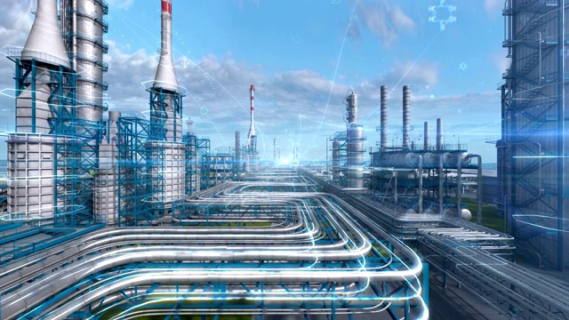 石油和天然气炼制厂工厂与化学配方设计，工业石油区，管道钢和储油罐在蓝天。抽象相机移动，无人机飞行。生成的3 d图像。视频素材