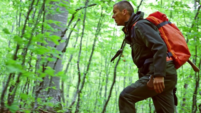 男人背着一个大背包穿过树林视频下载