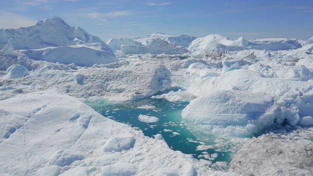 航拍:格陵兰岛迪斯科湾，阳光明媚的神奇冰原中的小池塘视频下载