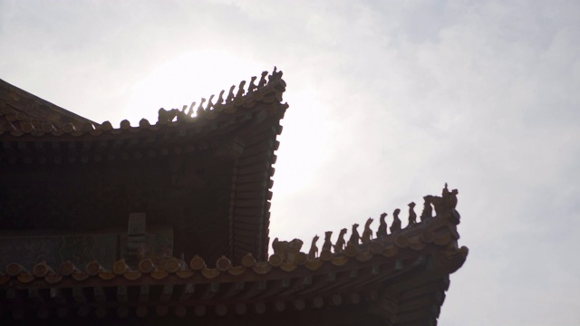 低角度的动物雕像在传统的屋顶结构在紫禁城-北京，中国视频素材