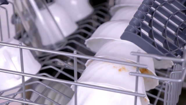 男人的手放在白色的脏杯子和玻璃和关闭洗碗机与脏的白色盘子。视频素材