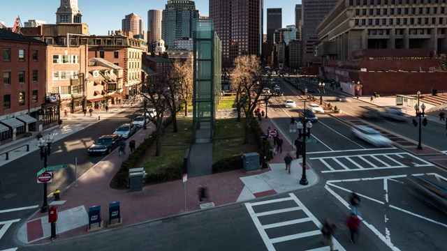 延时:航拍波士顿市政厅和美国市中心的公共市场视频下载