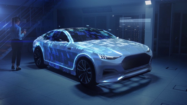 3D图形可视化显示完整开发的汽车原型，实时分析和优化视频素材
