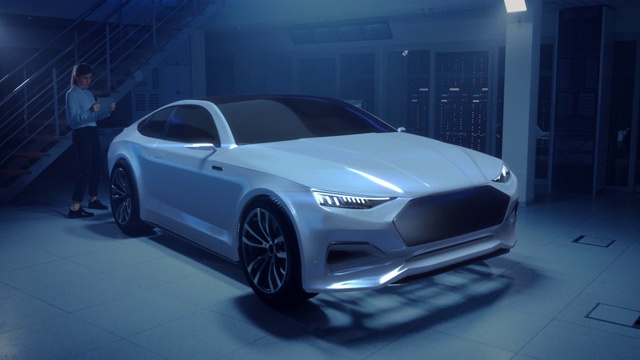 3D图形可视化显示了完全开发的汽车原型，并打开了头灯视频素材