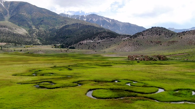 鸟瞰图的绿地和小曲线河与山在背景视频素材