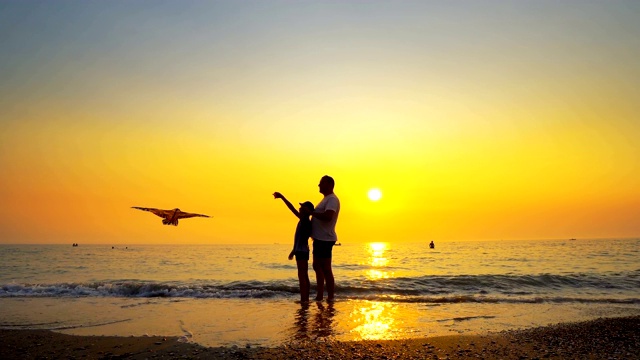 父亲和儿子在海边放风筝，美丽的橙色天空日落。替身拍摄视频素材