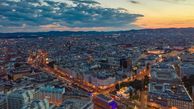 日落天空照明维也纳市中心空中全景4k时间间隔奥地利视频素材