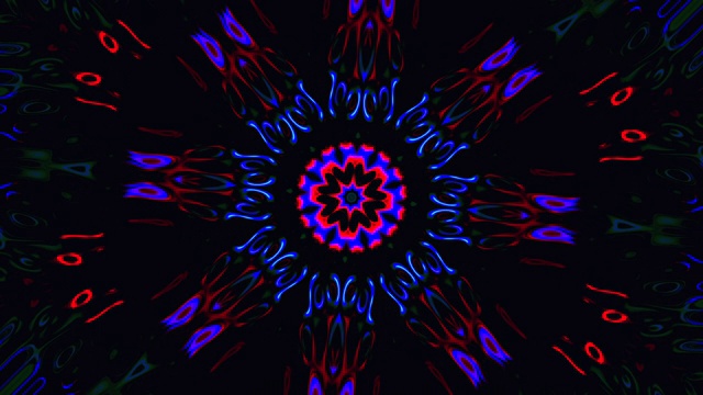 曼荼罗的形式旋转和变化的形状和视频与星星的形状和角度，开放的数字形成万花筒与运动在红色，蓝色和黑色视频下载
