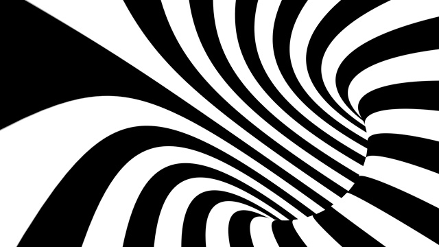 黑白致幻的视错觉。抽象催眠动画背景。螺旋几何循环单色墙纸视频素材