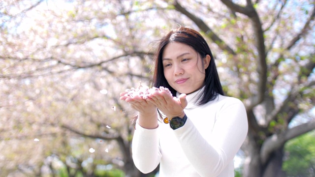 日本春天的樱花与女人和花瓣视频素材