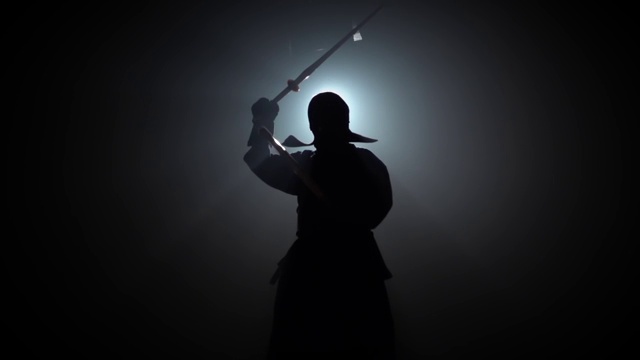 剪影剑道大师正在用武士刀练习武术。慢动作视频下载