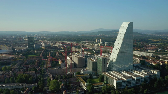 夏日巴塞尔城工业区建设河岸航拍4k瑞士全景图视频下载