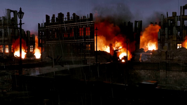 在雨夜被烧毁的建筑废墟摧毁的欧洲城市视频素材