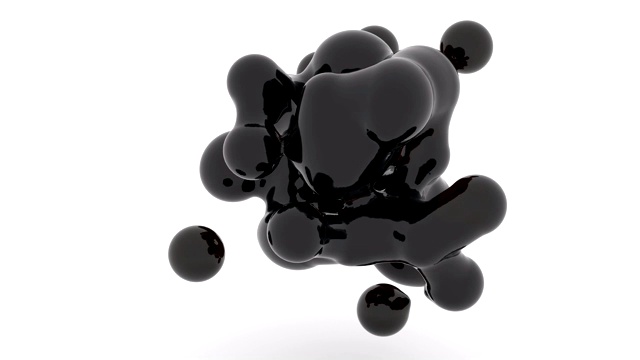 黑色有机气泡3d镜头。变形渲染化学斑点逼真的动画。液体光泽的元球溶解成小滴孤立在白色背景。液体分子4k视频视频素材