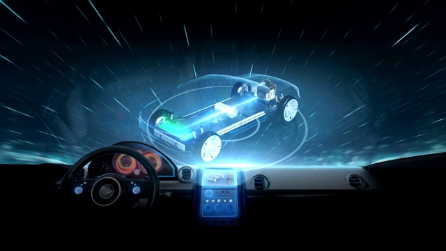 未来混合动力汽车内部，旋转电子，混合动力电池汽车。充电电池，内景，未来汽车。视频下载