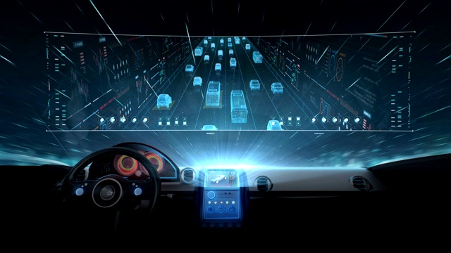 未来混合动力汽车里，有交通监控摄像头。物联网。高速公路上安装了交通监控摄像头。视频素材