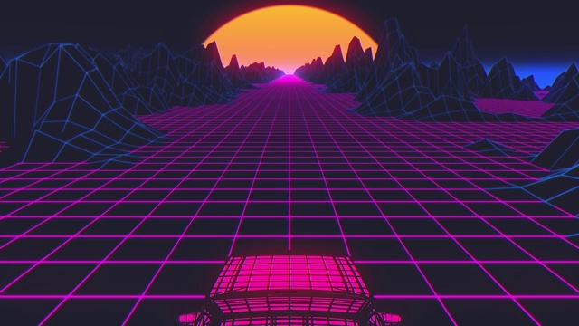 80年代风格的赛博朋克汽车在虚拟的霓虹灯景观上移动视频素材