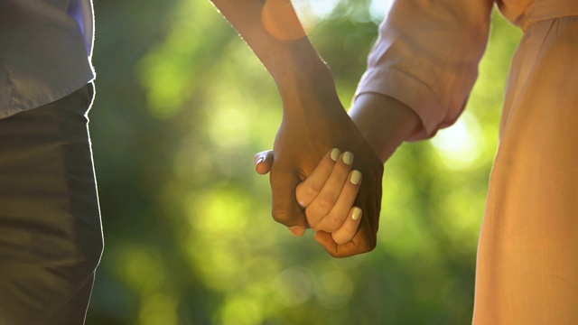 多种族情侣在阳光灿烂的公园牵手，浪漫而亲密，特写视频素材