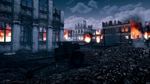 在第二次世界大战后的夜晚，烧毁的城市变成了废墟视频素材