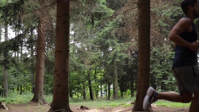年轻的运动员在树林里做运动视频素材