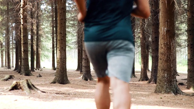 年轻的运动员在树林里做运动视频素材
