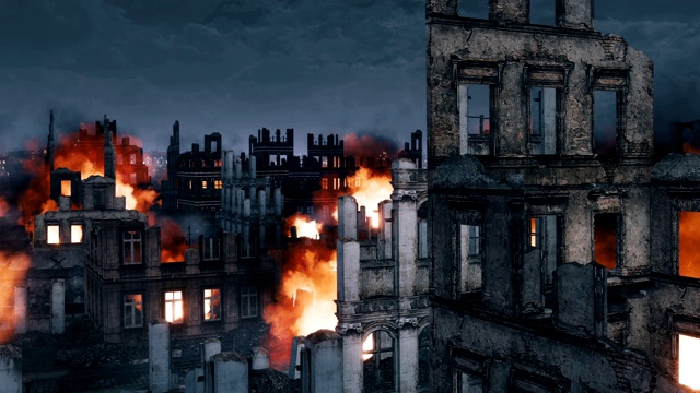 在夜晚燃烧的建筑废墟被摧毁后的战争城市视频素材
