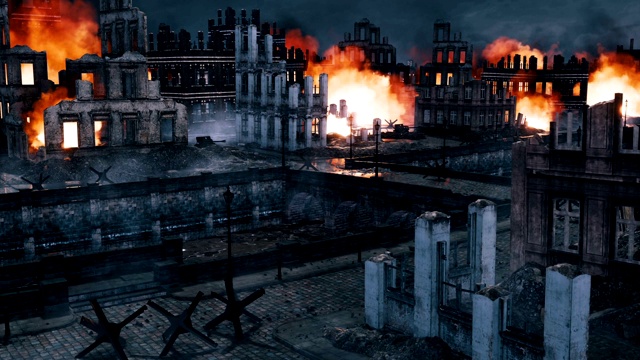 城市战场场景与建筑毁坏的建筑物在夜间视频素材