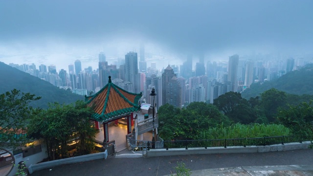 时间推移上午香港摩天大楼和多云的季节下雨-现代商务区城市视频下载