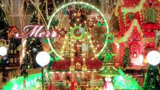 圣诞快乐的文字排版设计在红色与玩具大轮满灯的背景下雪-圣诞活动的概念视频下载
