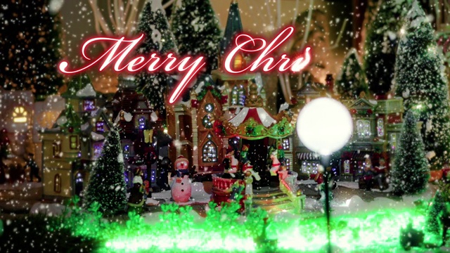 圣诞快乐文字排印设计，以红色的玩具圣诞村为场景和彩灯，装饰在雪花背景下的圣诞活动理念视频素材