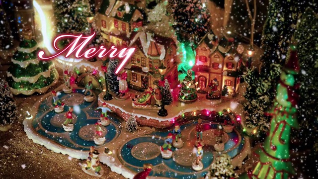 玩具圣诞村的场景与小雕像的溜冰者在雪下。有«圣诞快乐»文字写在红色的动画排版设计-圣诞事件的概念视频下载