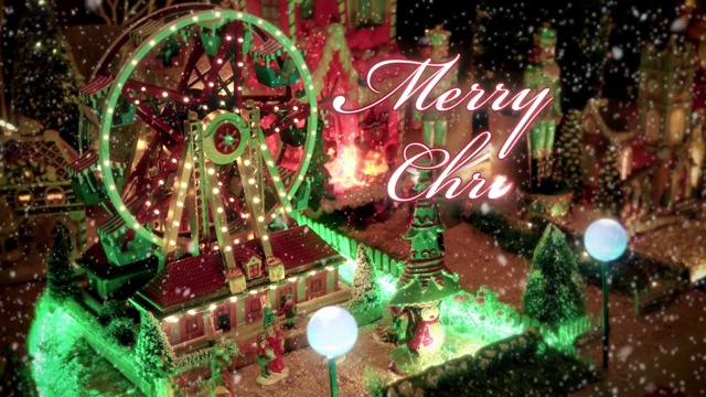 玩具圣诞村场景与大车轮下满灯的雪。有«圣诞快乐»文字写在红色的动画排版设计-圣诞事件的概念视频下载