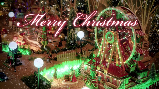 玩具圣诞村场景与大车轮下满灯的雪。有«圣诞快乐»文字写在红色的动画排版设计-圣诞事件的概念视频下载