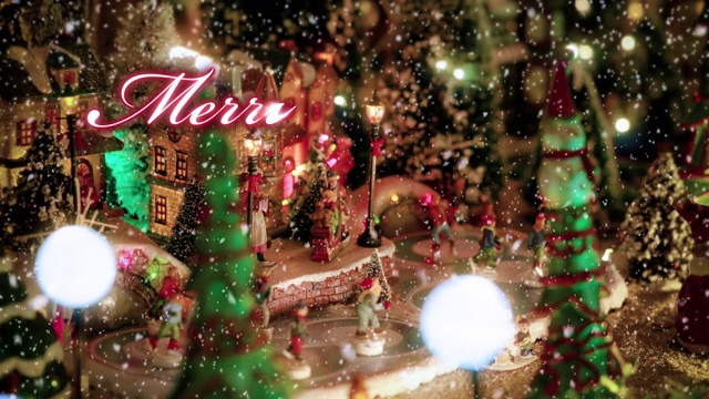 玩具圣诞村的场景与小雕像的溜冰者在雪下。有«圣诞快乐»文字写在红色的动画排版设计-圣诞事件的概念视频下载