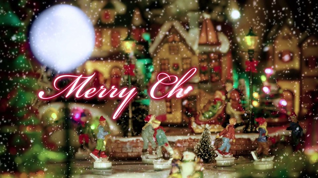圣诞快乐的文字排版设计在红色与玩具圣诞村的场景和小雕像的溜冰者在背景下的雪-圣诞活动的概念视频下载