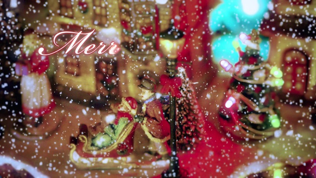 圣诞快乐的文字排版设计，以红色的玩具圣诞村场景和彩灯，装饰在雪的背景下-特写-圣诞活动的概念视频素材