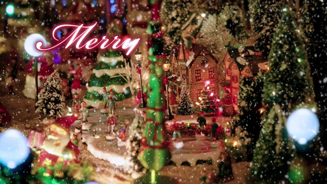圣诞快乐的文字排版设计在红色与玩具圣诞村的场景和小雕像的溜冰者在雪的背景下-特写视图-圣诞活动的概念视频下载