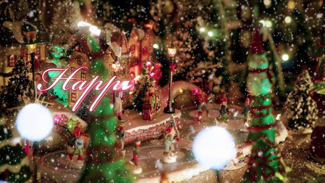 新年快乐文字排版设计以红色与圣诞村的玩具场景和彩灯，装饰在雪的背景下-新年和圣诞活动的概念视频下载